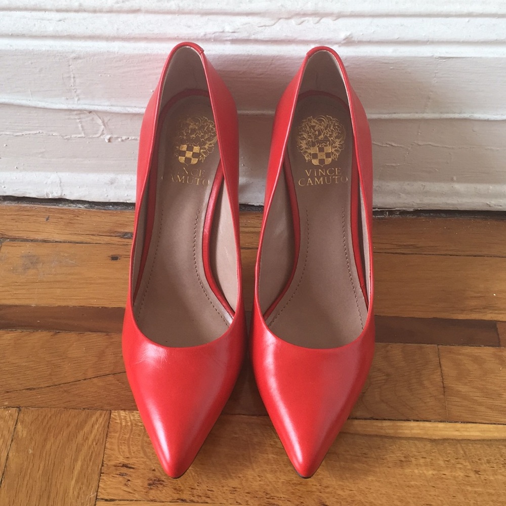 Vince Camuto bright red/orange pointy toe pumps